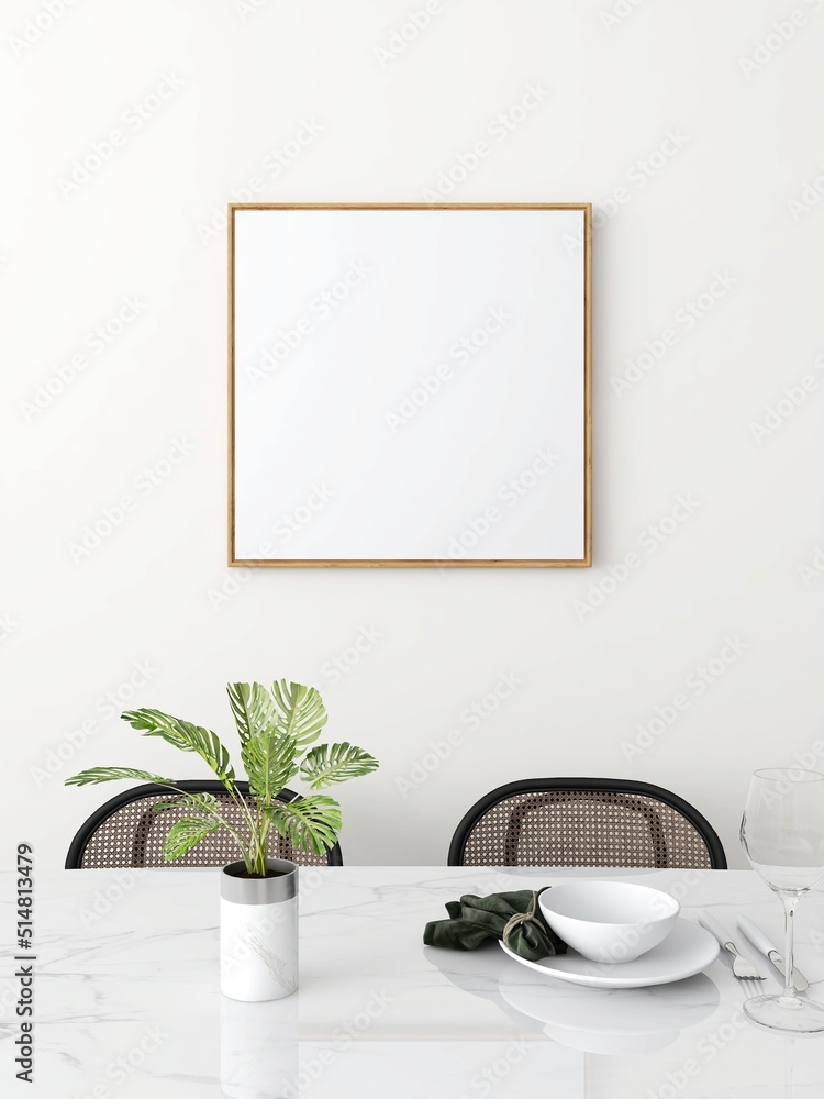 Dining room with square frame mockup, ornamental plant, chairs and decor. 3d rendering, interior design, 3d illustration Dining room with square frame mockup, ornamental plant, chairs and decor. 3d rendering, interior design, 3d illustration