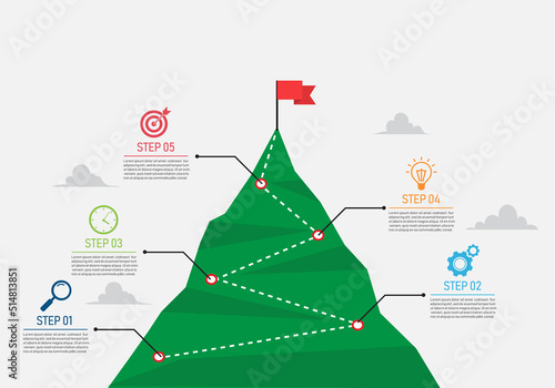 five step mountain infographic. Path to top peak of mountain. Business strategy to success. climbing route to goal. business and achievement concept. vector illustration in flat style modern design.