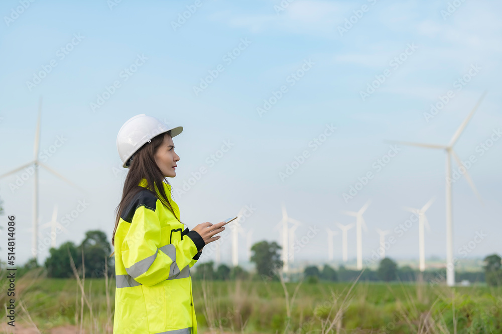 custom made wallpaper toronto digitalwomen engineer working and holding the report at wind turbine farm Power Generator Station on mountain,Thailand people