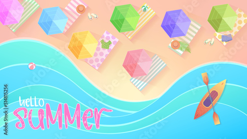 Beach scene in summer, top view. Vector illustration of holiday resort. Sandy beach with sun loungers and parasols. Hello summer