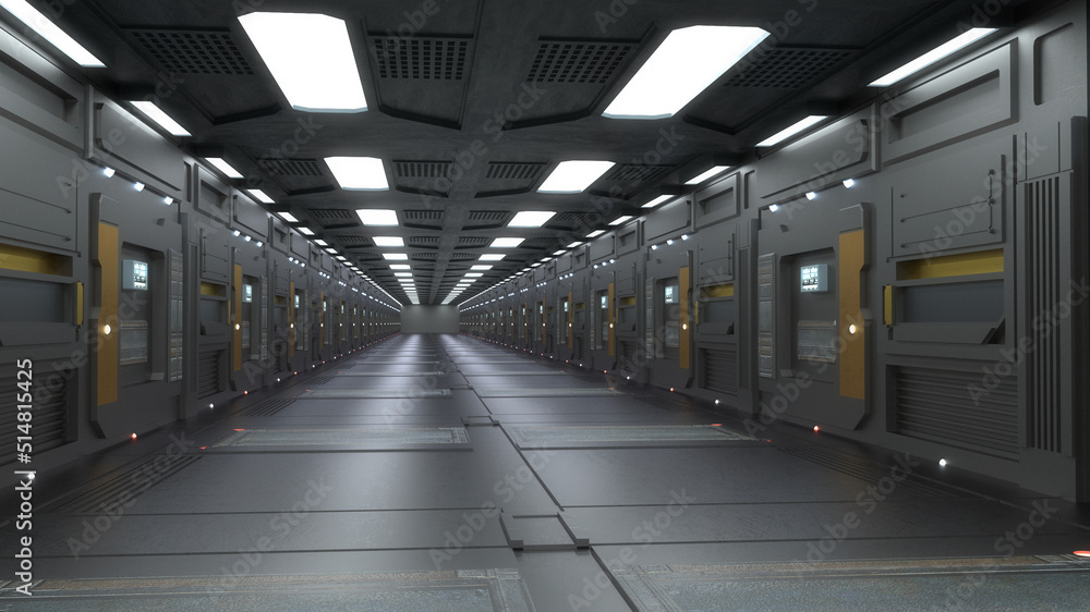 3d render. Futuristic corridor interior design