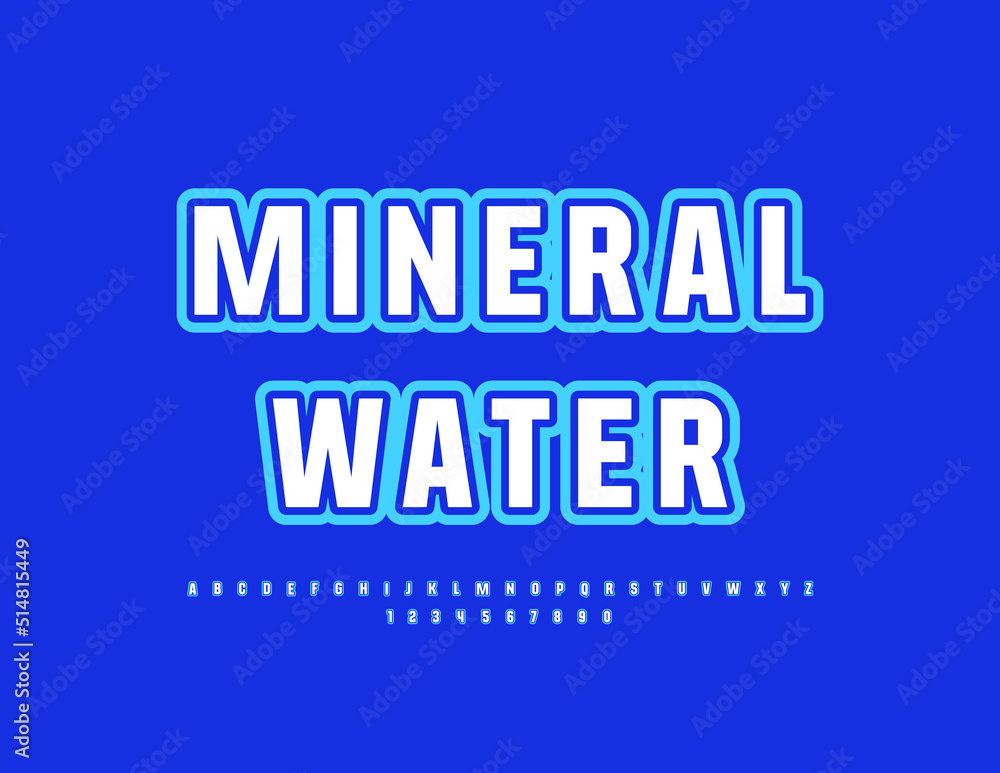 Vector advertising emblem Mineral Water. Elegant bright Font. Modern Alphabet Letters, Numbers and Symbols