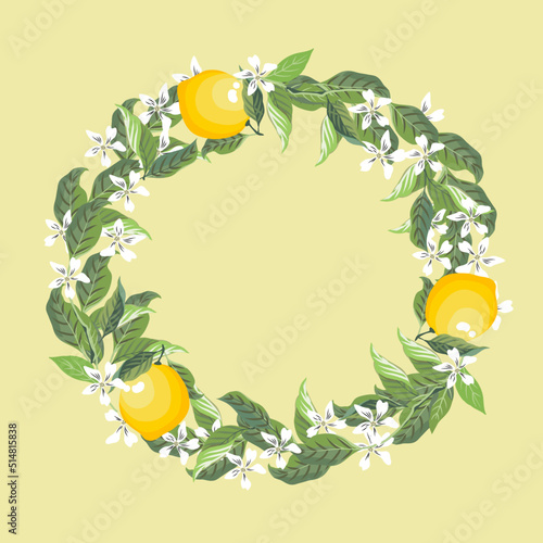 A round wreath  of yellow fresh lime or lemon, pastel green leaves and white little flowers, shows reflex shadow, flat vector hand drawn image.
