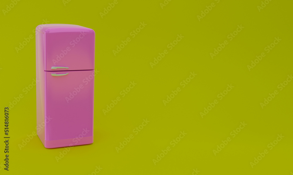 3d illustration, pink refrigerator, green background, copy space, 3d rendering 3d illustration, pink refrigerator, green background, copy space, 3d rendering