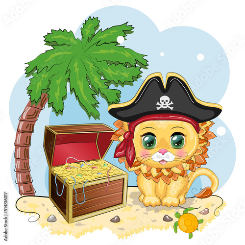 Lion pirate, cartoon character of the game, wild animal cat in a bandana and a cocked hat with a skull, with an eye patch. Character with bright eyes