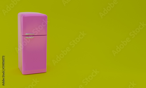 3d illustration, pink refrigerator, green background, copy space, 3d rendering