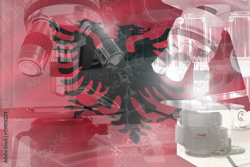 Microscope on Albania flag - science development conceptual background. Research in nanotechnology or clinical medicine, 3D illustration of object