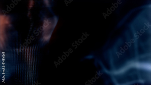 Dark bokeh teal or blue metal shapes bg with orange light - abstract 3D rendering