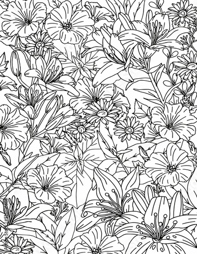 Floral pattern in black and white. Coloring page: very interesting and relaxing work for adults. Floral carpet.
