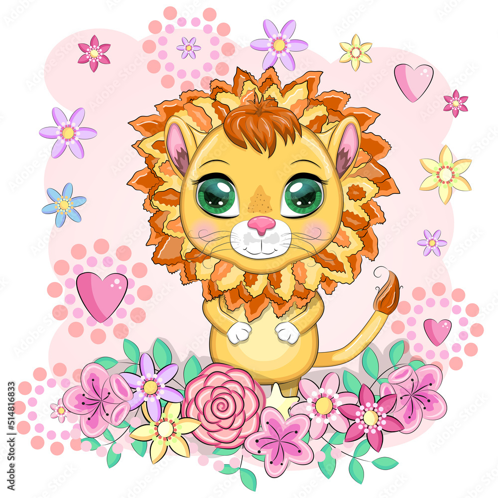 Obraz premium Cartoon lion with expressive eyes. Wild animals, character, childish cute style.