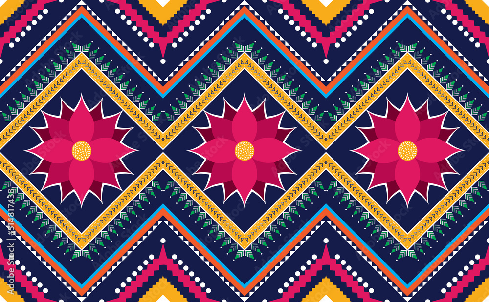 Geometric ethnic pattern design. Decorate the pattern with yellow, blue, green, orange, white and pink on a navy blue background. Design for background, wallpaper, clothing, fabric.