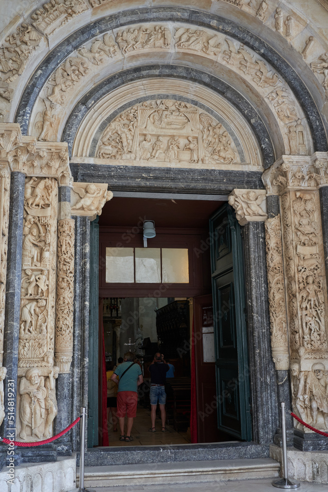 Trogir, Croatia - May 28, 2022- the Cathedral of St. Lawrence - entrance detail