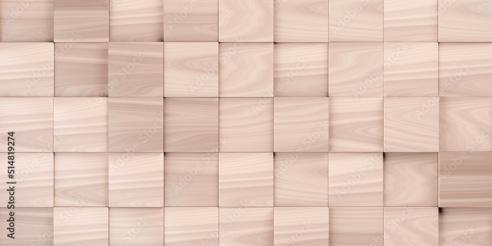 Wooden blocks background from random shifted wood cubes flat lay top view from above