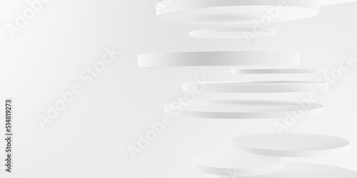 Fototapeta Naklejka Na Ścianę i Meble -  Stack of floating and randomly offset white cylinder circle segments over white background, minimal modern business presentation background template with copy space