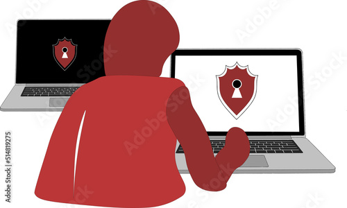 Hacker in hood breaks the defense. Vector cartoon character illustration icon. Isolated on white background. Hacker,break defense concept 