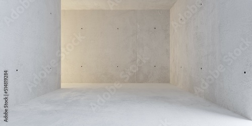 Fototapeta Naklejka Na Ścianę i Meble -  Abstract empty, modern concrete room with corner, warm light source and rough floor - industrial interior background template