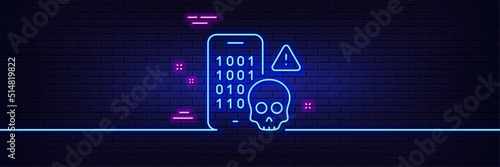 Neon light glow effect. Cyber attack line icon. Ransomware threat sign. Phone hacking symbol. 3d line neon glow icon. Brick wall banner. Cyber attack outline. Vector