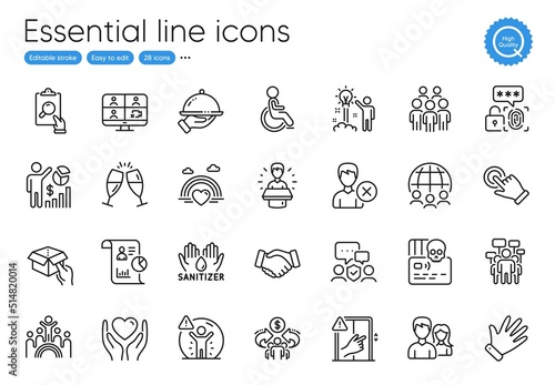 Disability, Video conference and Touchscreen gesture line icons. Collection of Lgbt, Global business, Handshake icons. Cyber attack, Teamwork, Hand sanitizer web elements. Hand, Inspect. Vector