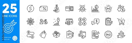 Outline icons set. Discount banner, Bitcoin graph and Software bug icons. Sallary, Payment methods, Cyber attack web elements. Loan percent, Sale tags, Money box signs. Clipboard. Vector