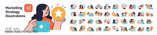 Business Marketing illustrations. Mega set. Collection of scenes with men and women taking part in business activities. Trendy vector style