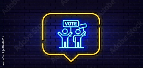 Neon light speech bubble. Voting campaign line icon. People rally with signs. Public election symbol. Neon light background. Voting campaign glow line. Brick wall banner. Vector