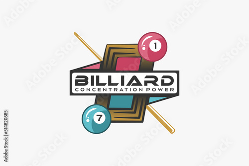 Billiard logo design with creative concept, billiard ball icon combined with table icon and billiard stick