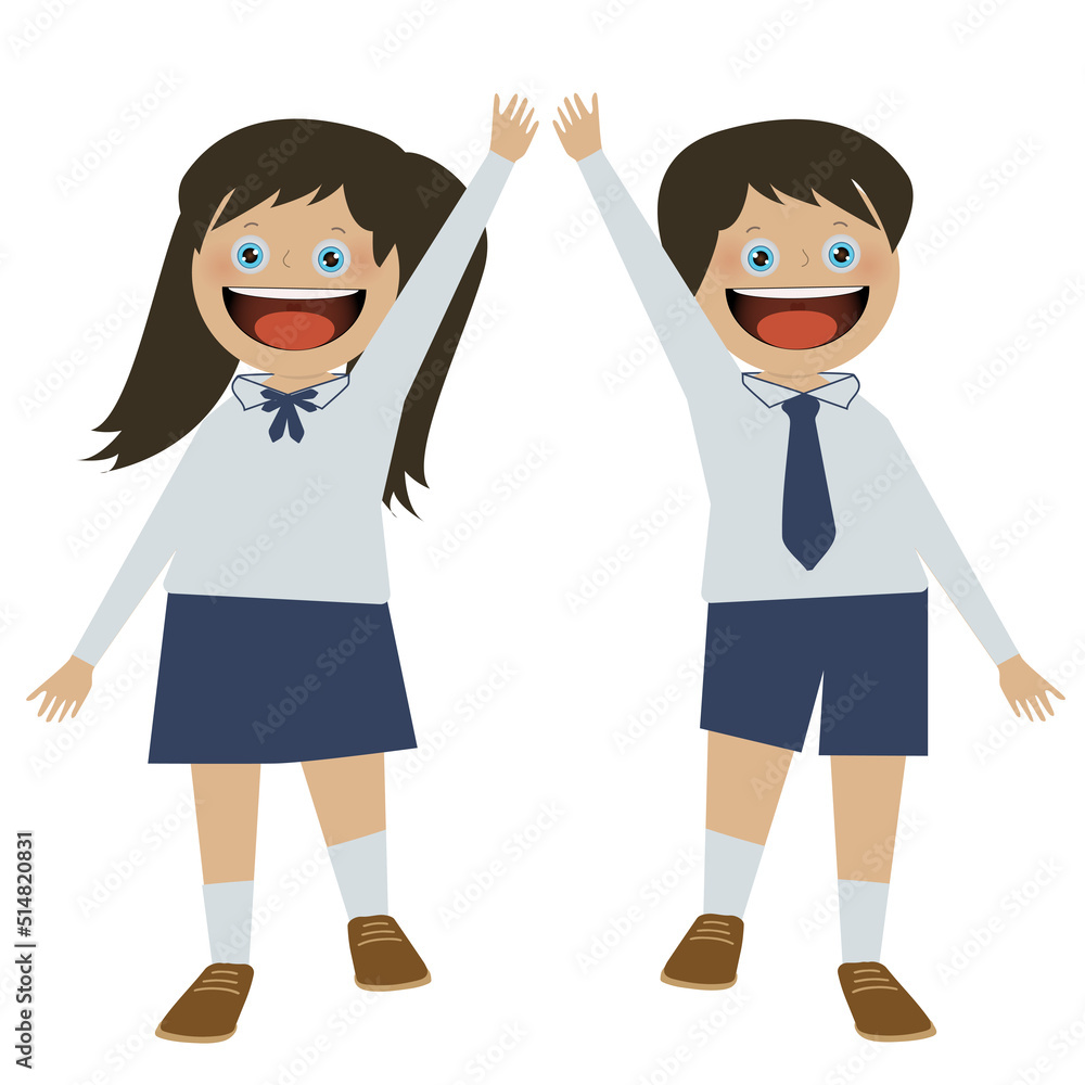 concept back to school, boy and girl with student uniform raise hand up to say hello or answer question. cute character. happy smile. cartoon illustration, isolated on white background concept back to school, boy and girl with student uniform raise hand up to say hello or answer question. cute character. happy smile. cartoon illustration, isolated on white background