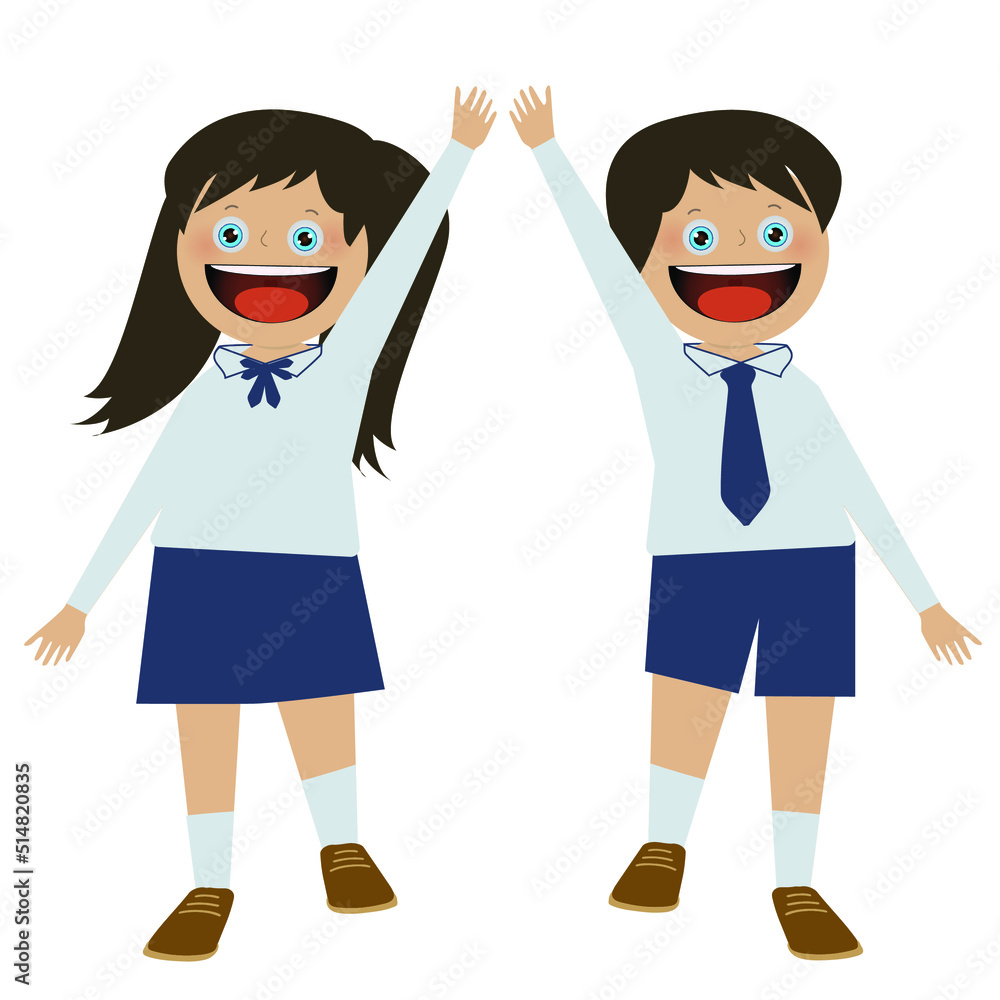 concept back to school, boy and girl with student uniform raise hand up to say hello or answer question. cute character. happy smile. cartoon illustration, isolated on white background concept back to school, boy and girl with student uniform raise hand up to say hello or answer question. cute character. happy smile. cartoon illustration, isolated on white background