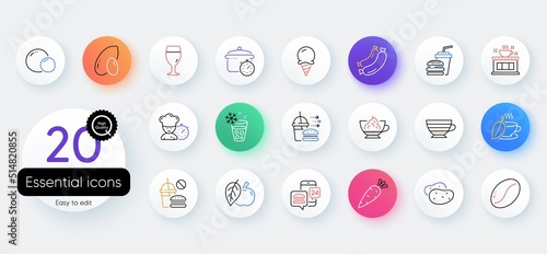 Simple set of Peas, Ice cream and Cappuccino line icons. Include Apple, Carrot, Coffee beans icons. Fast food, Food delivery, Coffee shop web elements. Chef, Ice maker, Peanut. Sausage. Vector