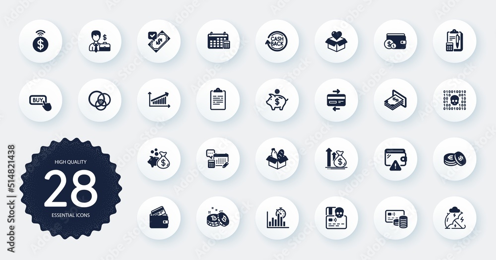 Set of Finance icons, such as Stress protection, Businessman case and Wallet flat icons. Loan, Chart, Cashback web elements. Atm money, Budget, Report timer signs. Buying accessory. Vector Set of Finance icons, such as Stress protection, Businessman case and Wallet flat icons. Loan, Chart, Cashback web elements. Atm money, Budget, Report timer signs. Buying accessory. Vector