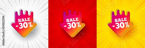 Sale 30 percent off sticker. Flash offer banner, coupon or poster. Discount banner shape. Coupon arrow icon. Sale 30 percent promo banner. Retail marketing flyer. Starburst pop art. Vector