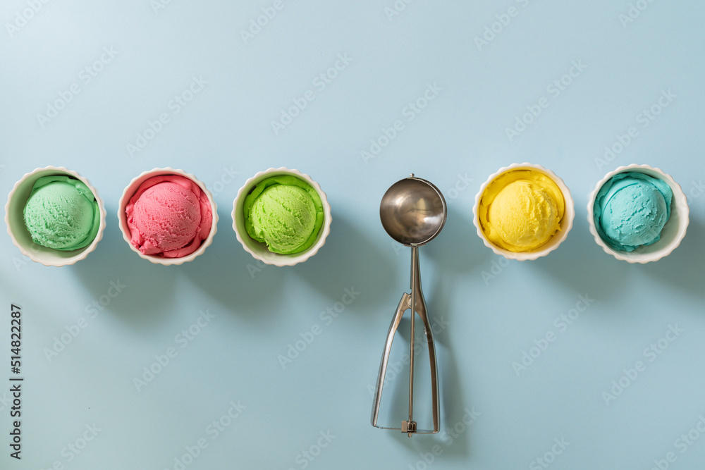 Colorful ice cream balls on bright background