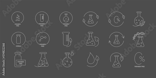 Paraben free icon symbol set. Editable stroke. Vector stock illustration isolated on black chalkboard background for packaging design in beauty industry.  photo