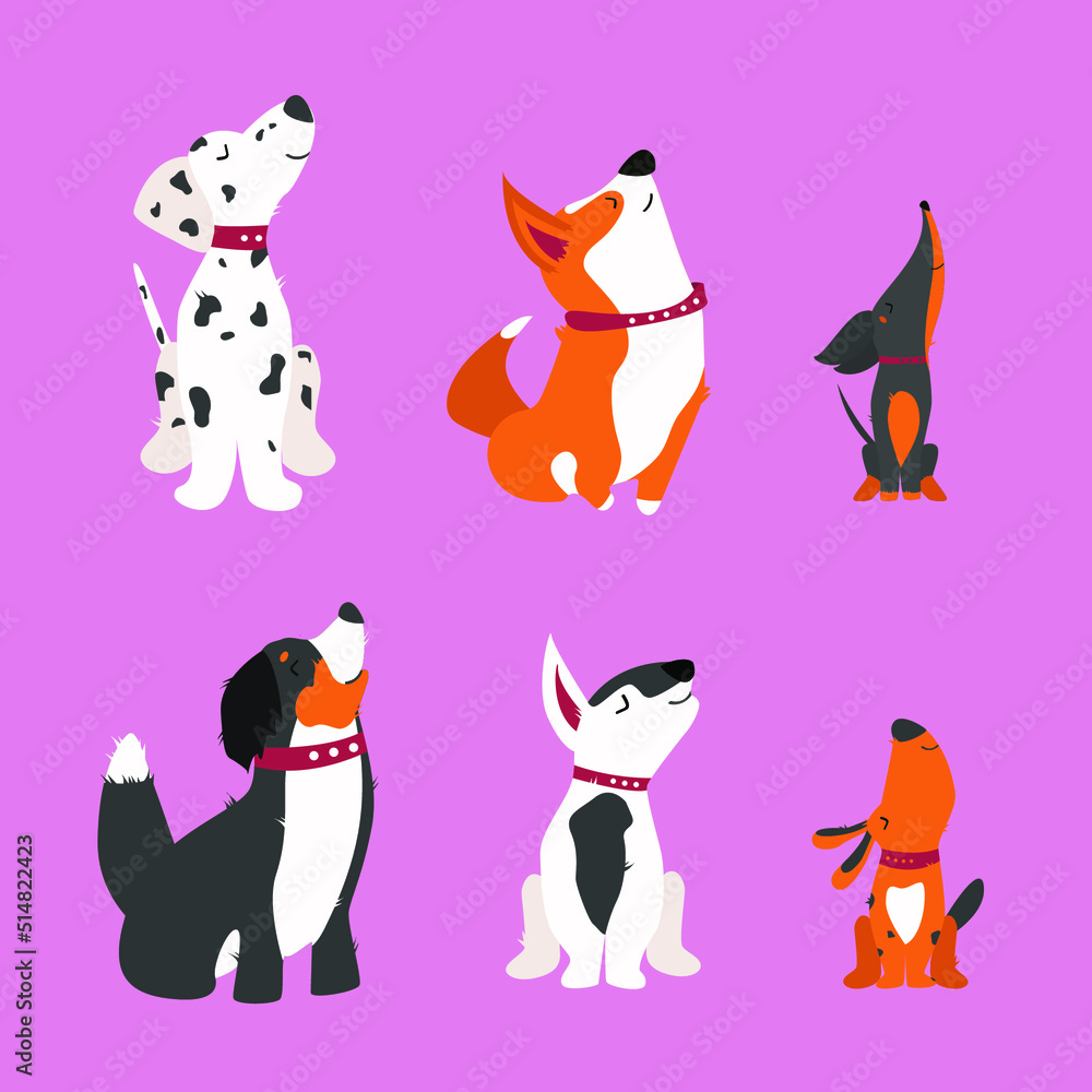 Obraz premium Flat style vector illustration. Six cute dogs of different breeds (Dalmatian, Bernese Mountain Dog, Dachshund, Corgi, Bull Terrier). Dogs are located on an isolated green background.