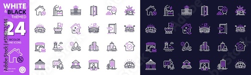 House security, Sports arena and Skyscraper buildings line icons for website, printing. Collection of Lighthouse, Electricity factory, Entrance icons. Market buyer, Loan house. Vector