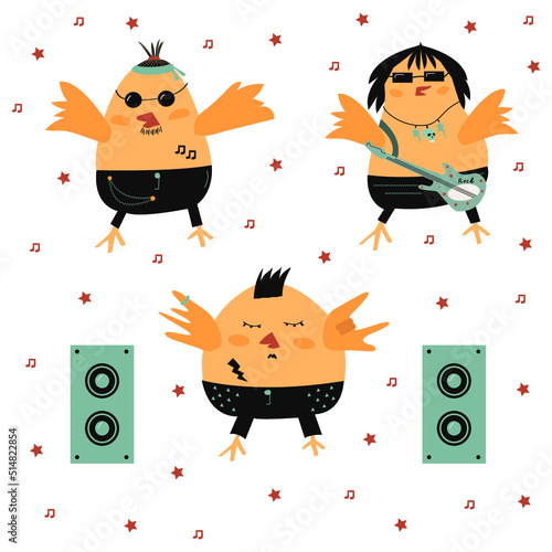 Cute rocker birds. Set of funny birds. Vector illustration with isolated background. Bird pattern for textile. Funny parrots. Birds musicians. Birds in rock style and in rock clothes. Brutal birds.