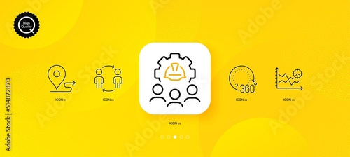 Seo analysis, Journey and Engineering team minimal line icons. Yellow abstract background. 360 degrees, Workflow icons. For web, application, printing. Vector
