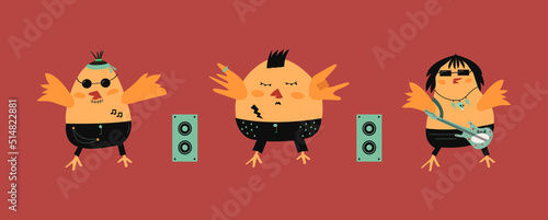 Cute rocker birds. Set of funny birds. Vector illustration with isolated pink background. Bird pattern for textile. Funny parrots. Birds musicians. Birds in rock style and in rock clothes.Brutal bird.