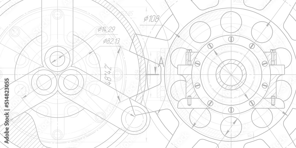Technical drawing of gears .Rotating mechanism of round parts .Machine technology.Vector illustration .