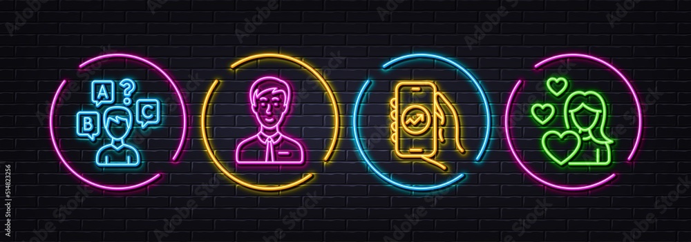 Businessman person, Quiz test and Financial app minimal line icons. Neon laser 3d lights. Love icons. For web, application, printing. Male user, Interview, Smartphone analytics. Woman in love. Vector Businessman person, Quiz test and Financial app minimal line icons. Neon laser 3d lights. Love icons. For web, application, printing. Male user, Interview, Smartphone analytics. Woman in love. Vector