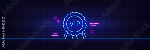 Neon light glow effect. Vip award line icon. Very important person medal sign. Member club privilege symbol. 3d line neon glow icon. Brick wall banner. Vip award outline. Vector