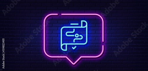 Neon light speech bubble. Target path line icon. Stratery goal sign. Core value symbol. Neon light background. Target path glow line. Brick wall banner. Vector