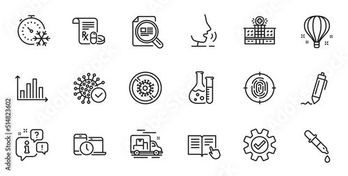 Outline set of Service, Check article and Fingerprint line icons for web application. Talk, information, delivery truck outline icon. Vector