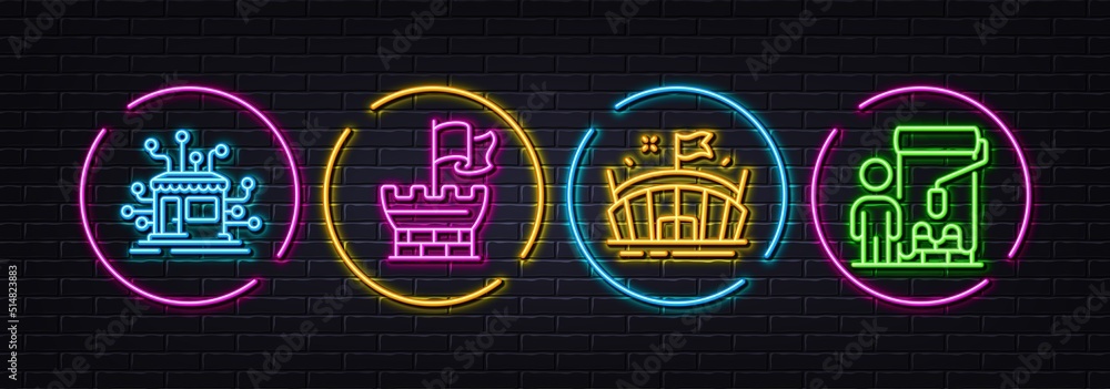 Arena, Shield and Distribution minimal line icons. Neon laser 3d lights. Painter icons. For web, application, printing. Sport stadium, Safe secure, Warehouse network. Paint brush. Vector