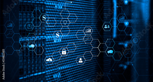 3D render ERP Enterprise Resource Planning system on virtual screen with connections between business intelligence.