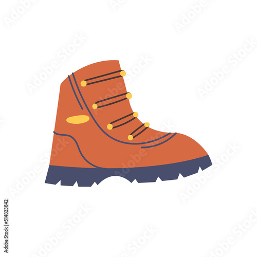 Brown hiking boot shoe. Camping equipment. Hiking clipart. Children design isolated element vector doodle naive art illustration