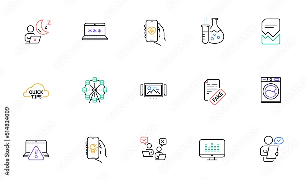 Online warning, Fake news and Ferris wheel line icons for website, printing. Collection of Health app, Customer survey, Chemistry flask icons. Online voting, Shift, Quick tips web elements. Vector Online warning, Fake news and Ferris wheel line icons for website, printing. Collection of Health app, Customer survey, Chemistry flask icons. Online voting, Shift, Quick tips web elements. Vector