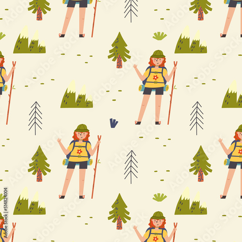 Seamless Pattern Scout in the Forest of Trees. Mountain, Pine. Nature Digital paper for nursery room, textile decor, kids wallpaper. Children repeat background for fabric design