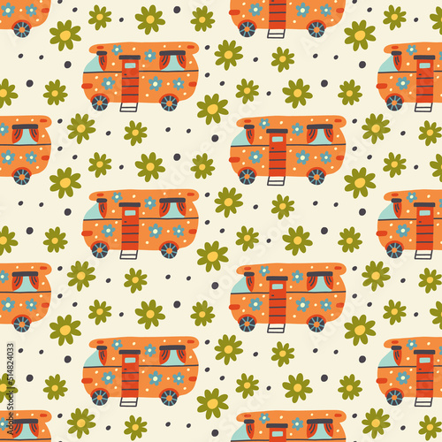 Retro floral camper seamless pattern. Happy Flower. Nature Digital paper for nursery room, textile decor, kids wallpaper. Children repeat background for fabric design