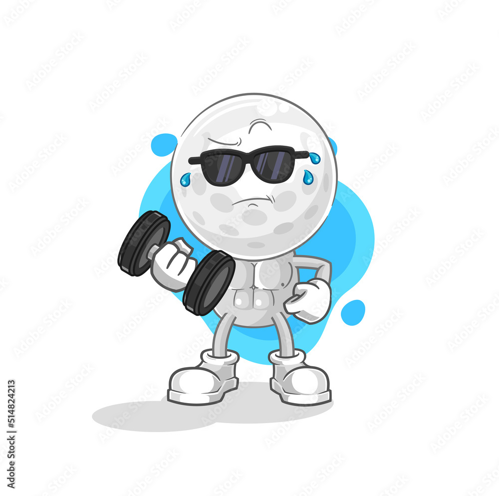 Naklejka premium golf head lifting dumbbell vector. cartoon character